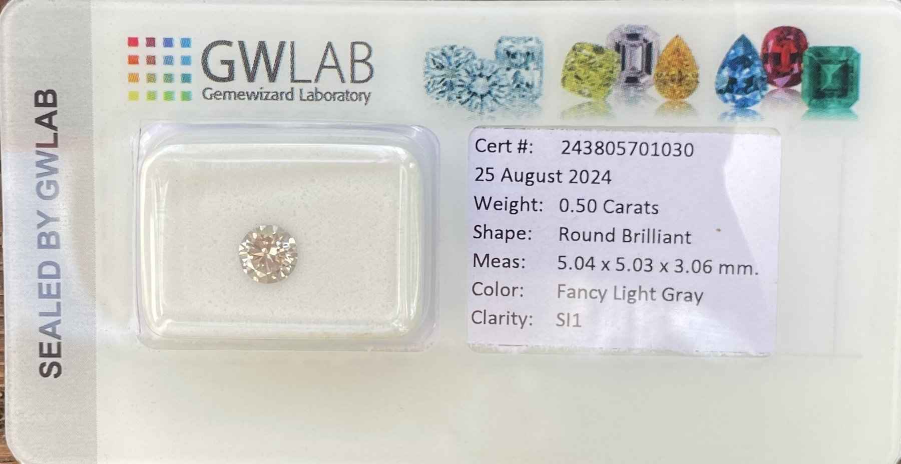 1 Stück Diamant (Natürlich farbig) - 0.50 ct - Rund - Fancy light Grau - SI1 - Mix und Mehr Shop
