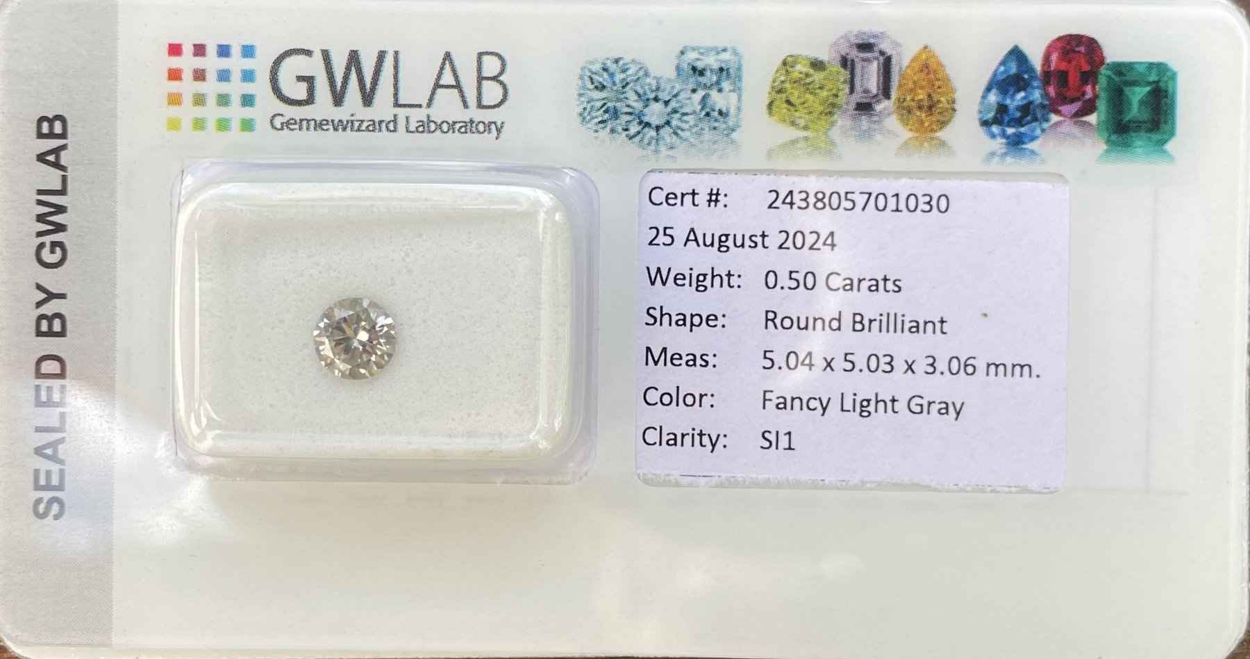1 Stück Diamant (Natürlich farbig) - 0.50 ct - Rund - Fancy light Grau - SI1 - Mix und Mehr Shop