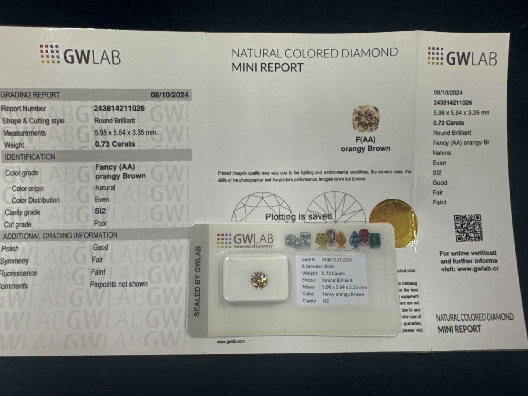 1 Stück Diamant (Natürlich farbig) - 0.73 ct - Rund - Fancy Orange Braun - SI2 - Mix und Mehr Shop