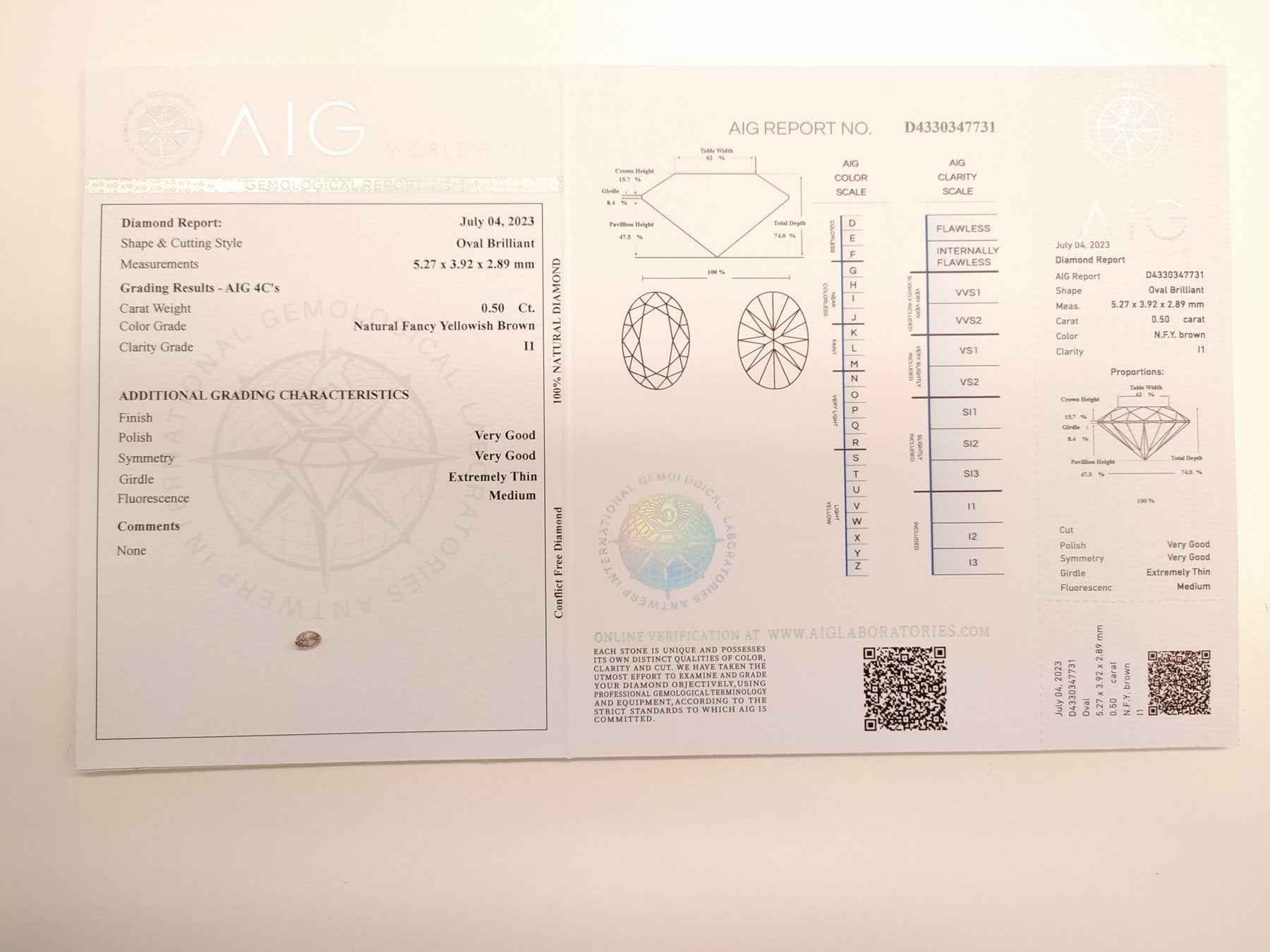 1 Stück Diamant - 0.50 ct - Ovaler Brillant - Natural Fancy Yellowish Brown - I1 - Mix und Mehr Shop