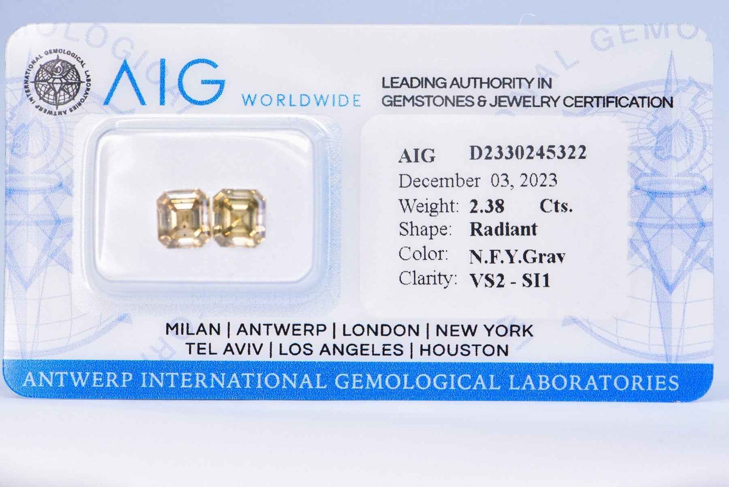 2 Stück Diamant - 2.38 ct - Radiant - Natural Fancy Yellowish Gray - VS2 - SI1 EX VG - Mix und Mehr Shop