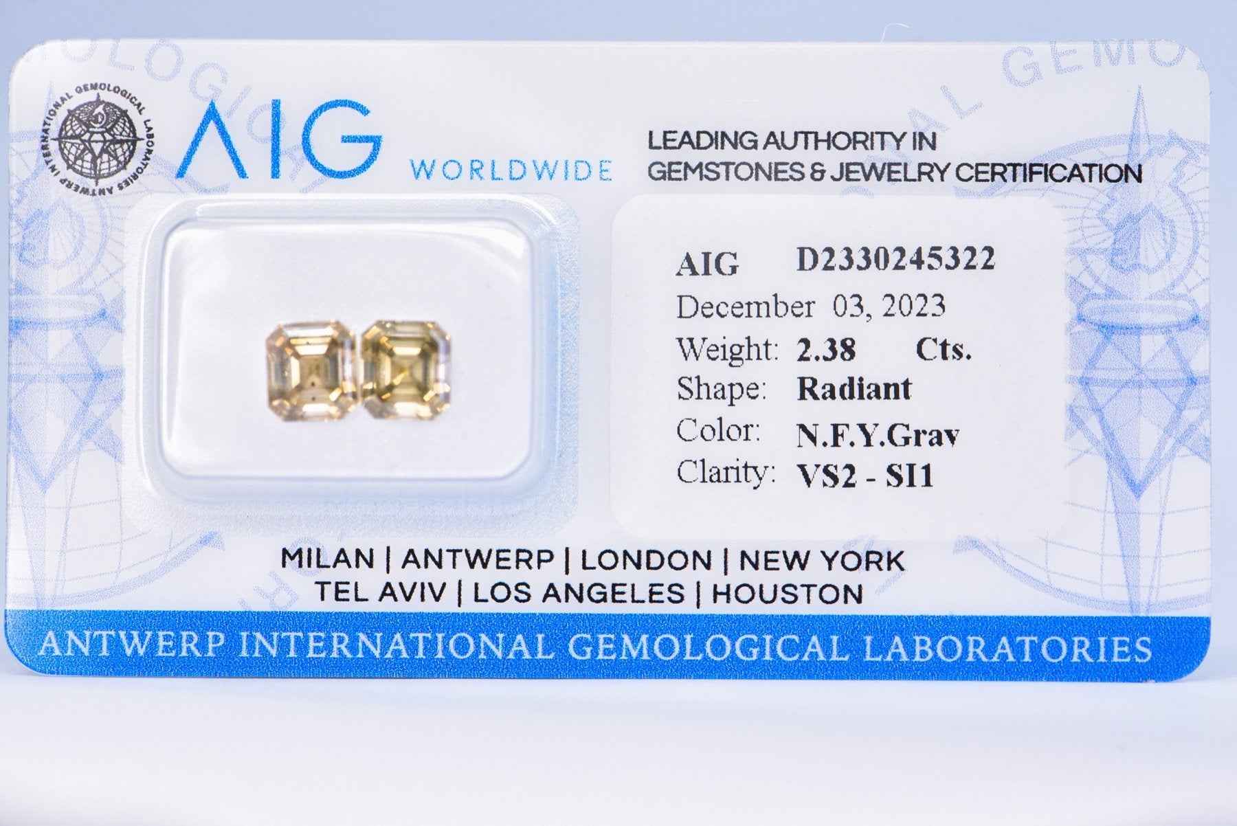 2 Stück Diamant - 2.38 ct - Radiant - Natural Fancy Yellowish Gray - VS2 - SI1 EX VG - Mix und Mehr Shop