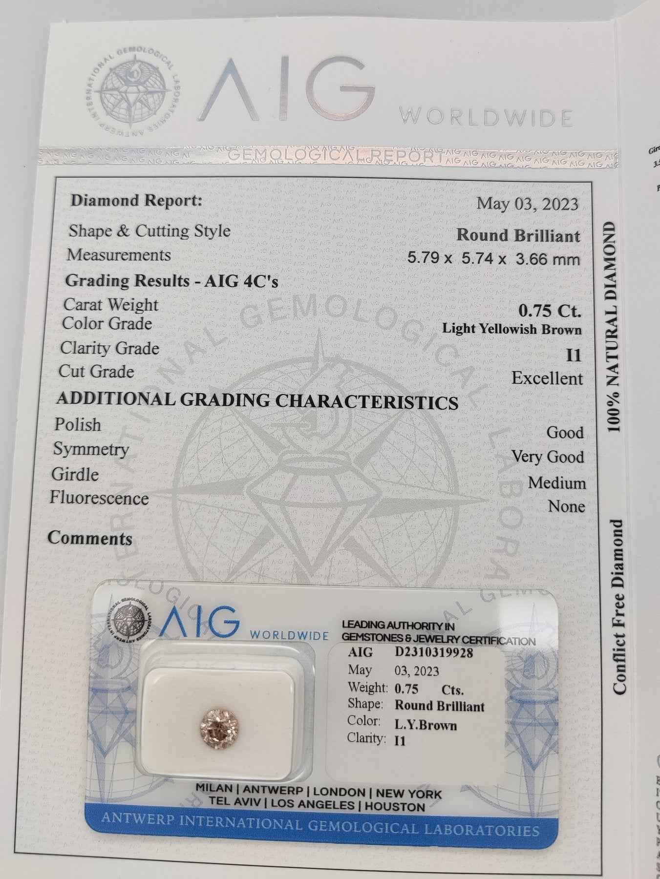 Diamant - 0.75 ct - Rund - Light Yellowish Brown - I1 - Mix und Mehr Shop