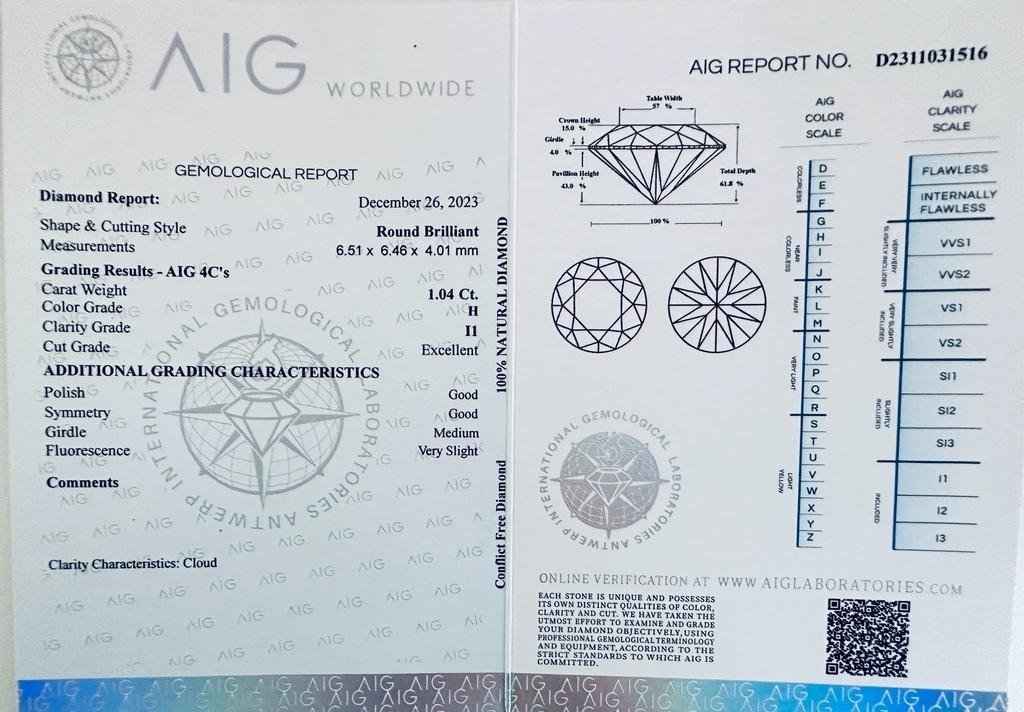 1 Stück Diamant - 1.04 ct - Brillant, Rund - H - I1 - Mix und Mehr Shop