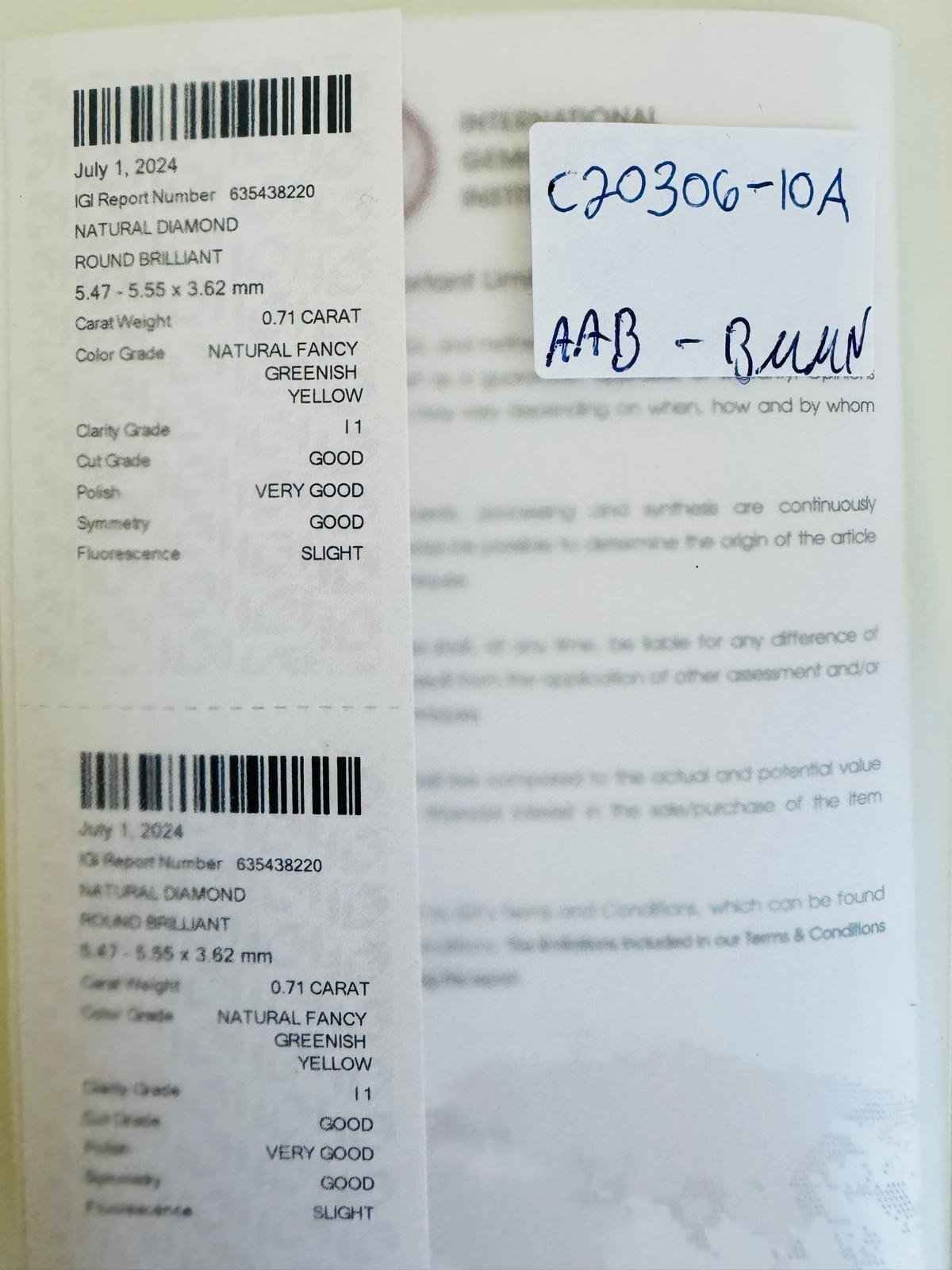 1 Stück Diamant (Natürlich farbig) - 0.71 ct - Rund - Fancy Grünlich Gelb - I1 - Mix und Mehr Shop