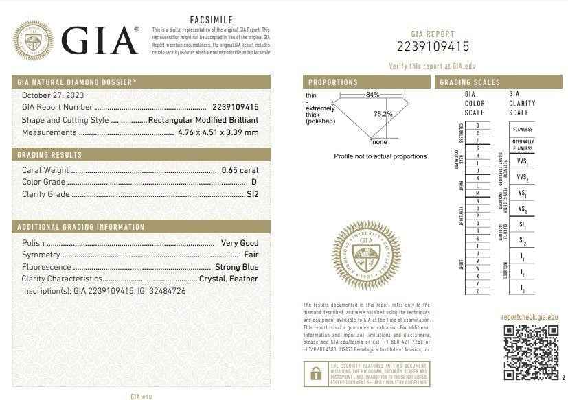 Diamant - 0.65 ct - rechteckig modifiziert - D (farblos) - SI2, - GIA - Mix und Mehr Shop