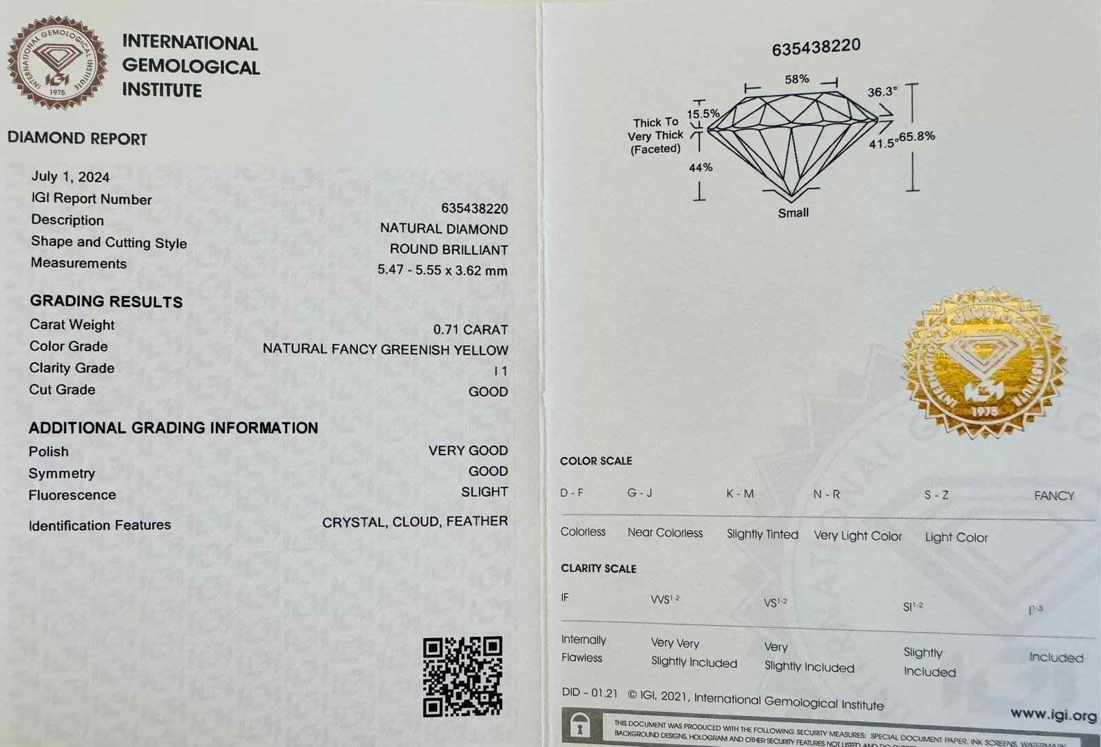 1 Stück Diamant (Natürlich farbig) - 0.71 ct - Rund - Fancy Grünlich Gelb - I1 - Mix und Mehr Shop