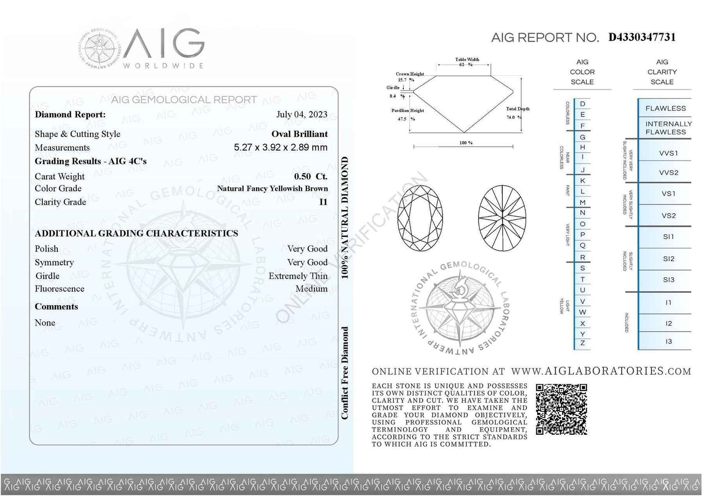 1 Stück Diamant - 0.50 ct - Ovaler Brillant - Natural Fancy Yellowish Brown - I1 - Mix und Mehr Shop