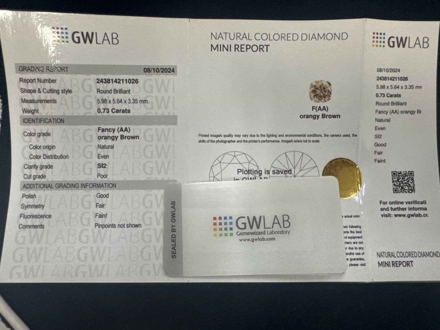 1 Stück Diamant (Natürlich farbig) - 0.73 ct - Rund - Fancy Orange Braun - SI2 - Mix und Mehr Shop