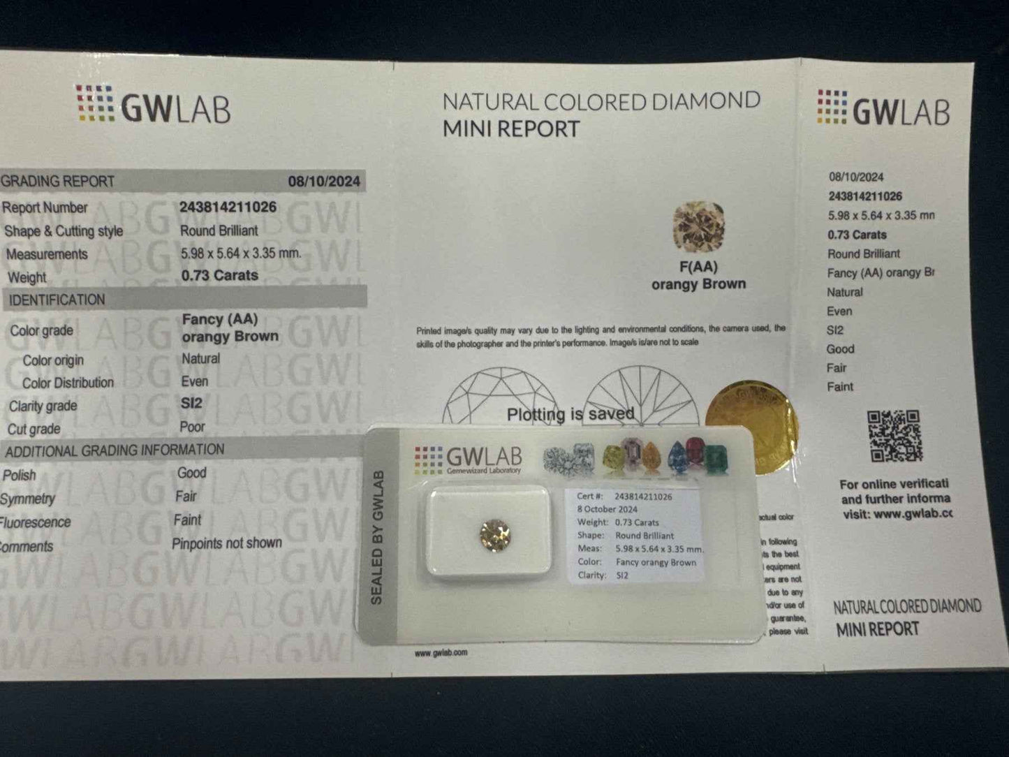 1 Stück Diamant (Natürlich farbig) - 0.73 ct - Rund - Fancy Orange Braun - SI2 - Mix und Mehr Shop