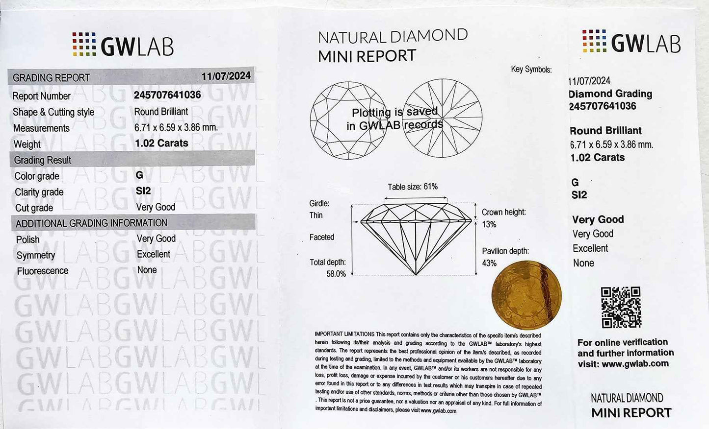 1 Stück Diamant (Natürlich) - 1.02 ct - Rund - G - SI2 - Mix und Mehr Shop