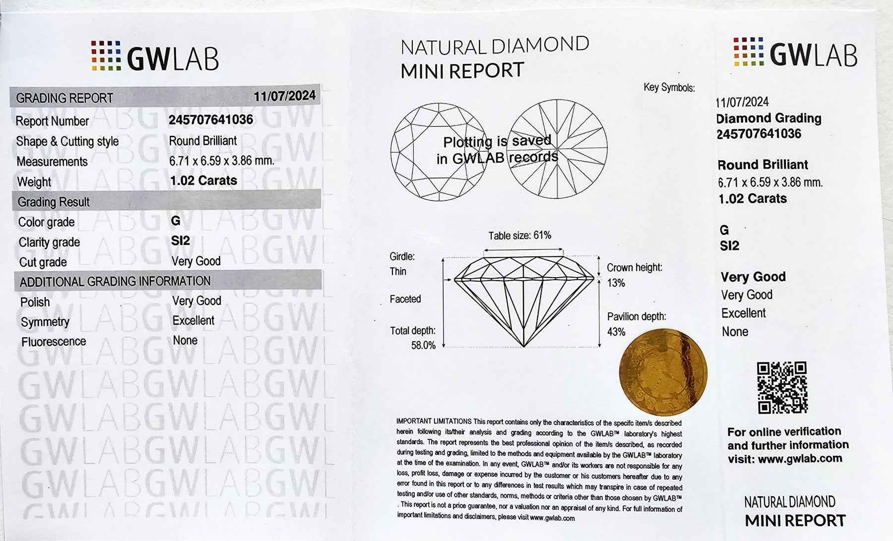 1 Stück Diamant (Natürlich) - 1.02 ct - Rund - G - SI2 - Mix und Mehr Shop