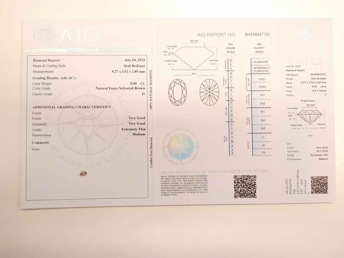 1 Stück Diamant - 0.50 ct - Ovaler Brillant - Natural Fancy Yellowish Brown - I1 - Mix und Mehr Shop