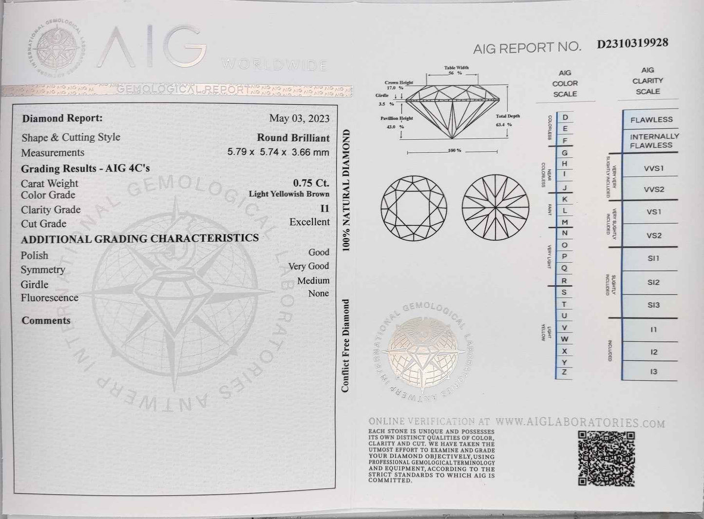 Diamant - 0.75 ct - Rund - Light Yellowish Brown - I1 - Mix und Mehr Shop