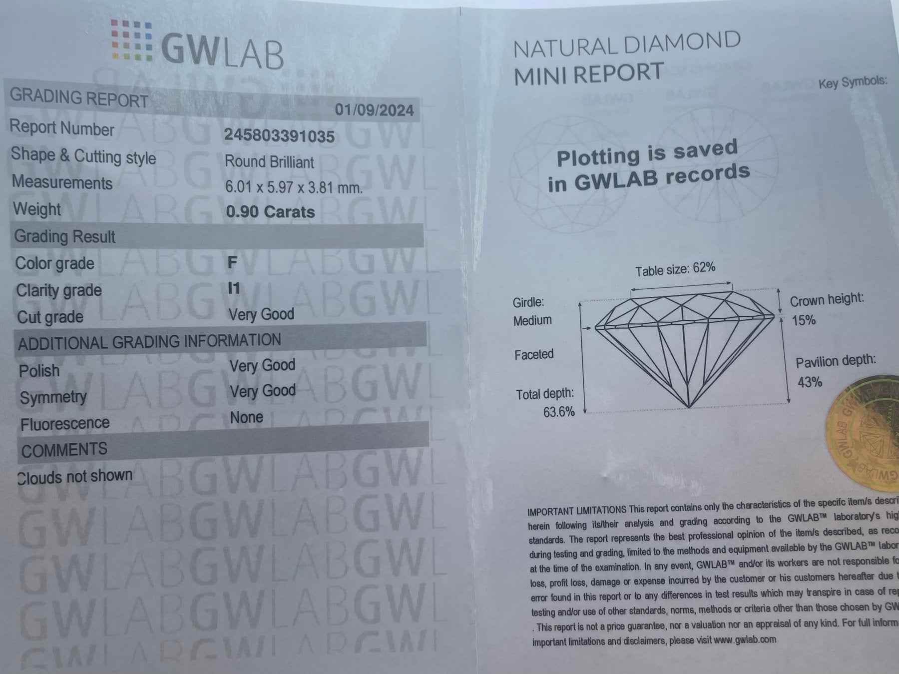 1 Stück Diamant (Natürlich) - 0.90 ct - Rund - F - I1 - Mix und Mehr Shop