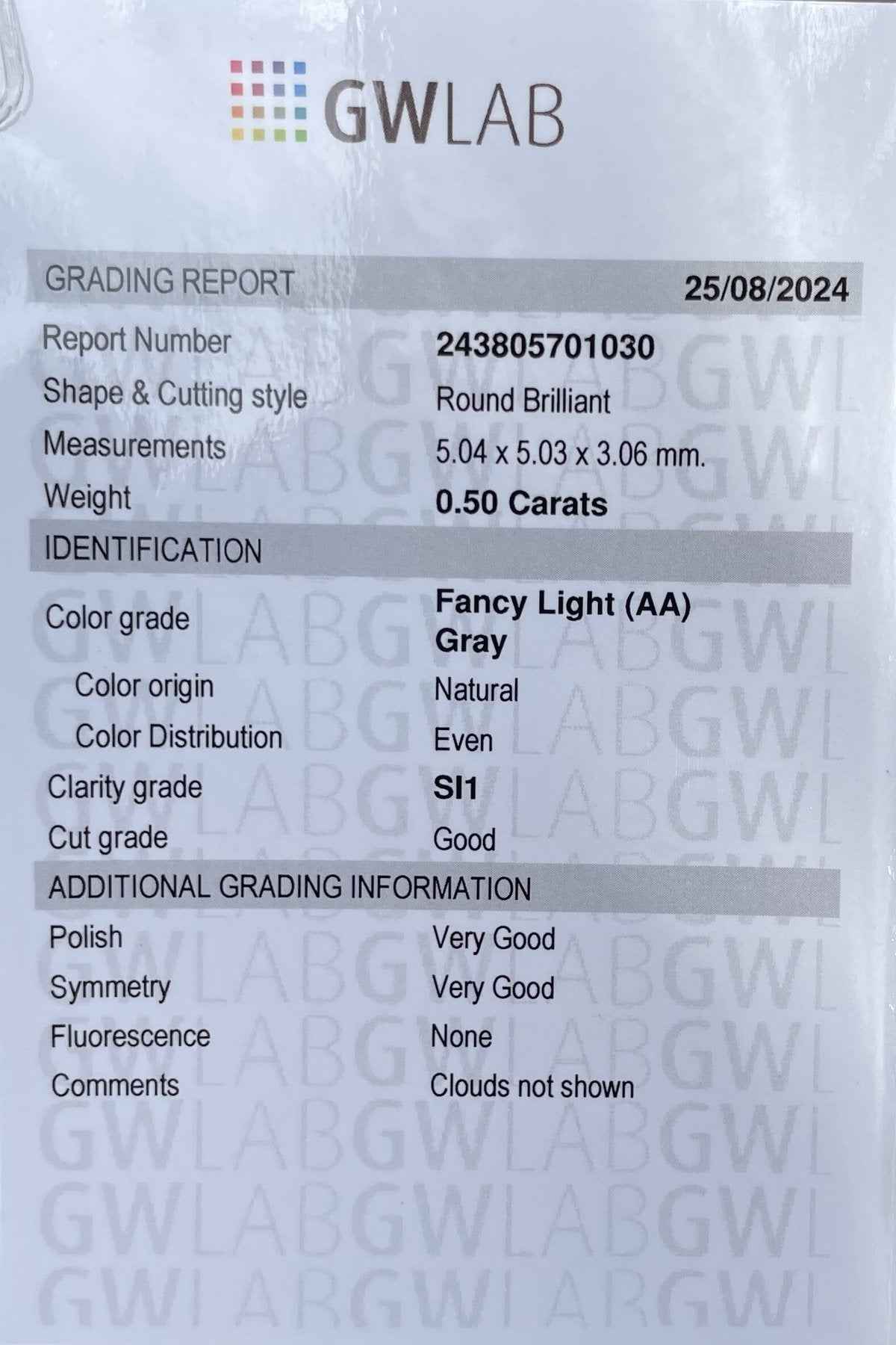 1 Stück Diamant (Natürlich farbig) - 0.50 ct - Rund - Fancy light Grau - SI1 - Mix und Mehr Shop