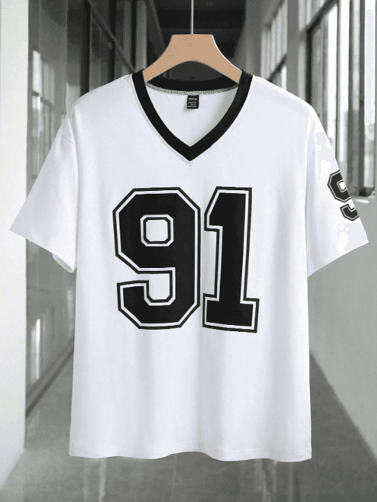 Damen Sommer Nummer Muster V-Ausschnitt Kurzarm T-Shirt Grafik-Tees Damen Tops - Mix und Mehr Shop