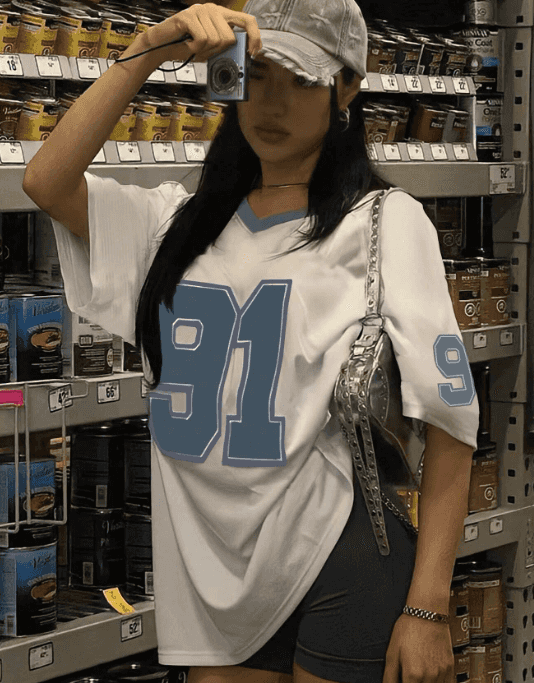 Damen Sommer Nummer Muster V-Ausschnitt Kurzarm T-Shirt Grafik-Tees Damen Tops - Mix und Mehr Shop